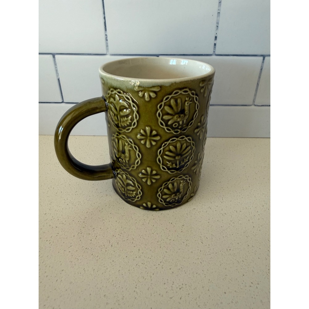 Vintage Secla Portugal Olive Green Pottery Mug Folk Art Bird Medallion MCM